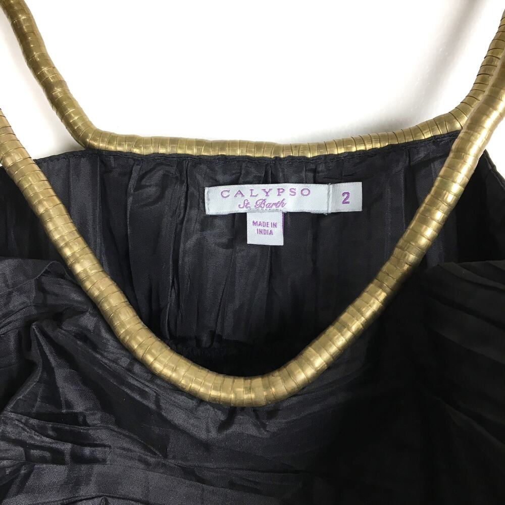 Calypso St. Barth Black Silk Pleated Dress with Gold Metal Collar Size 2 - Picture 3 of 8